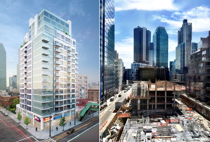 Rendering of One Queens Plaza via Lions Group; Photo showing construction progress as of early April; CityRealty