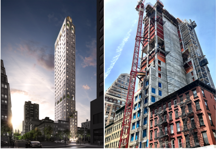 Now past its 30th floor, 180 East 88th Street will ultimately reign as the tallest tower north of 72nd.  (Renderings via DDG/ photos via Ondel/CityRealty)