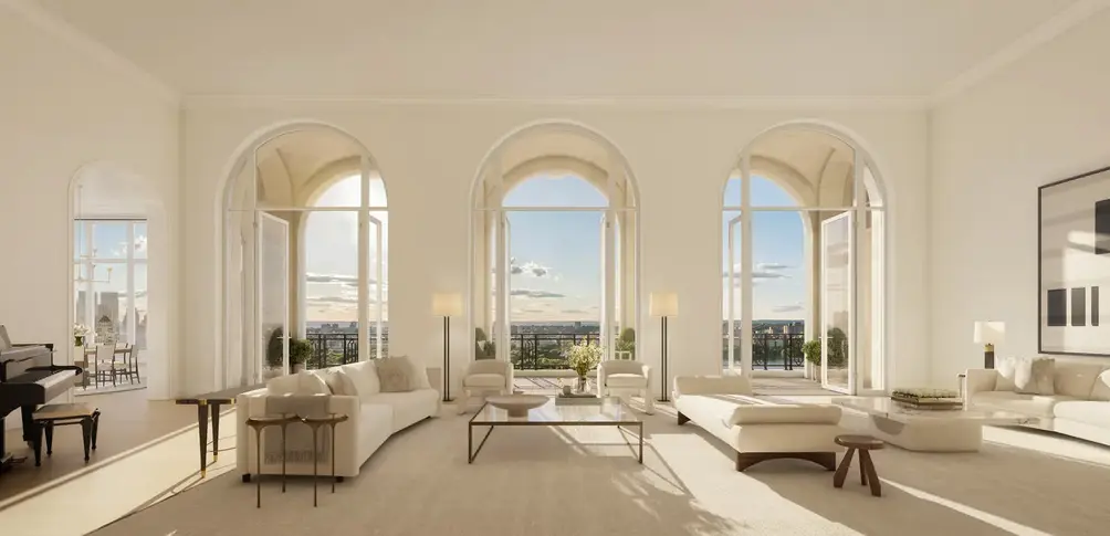 Living room with arched windows and terrace access