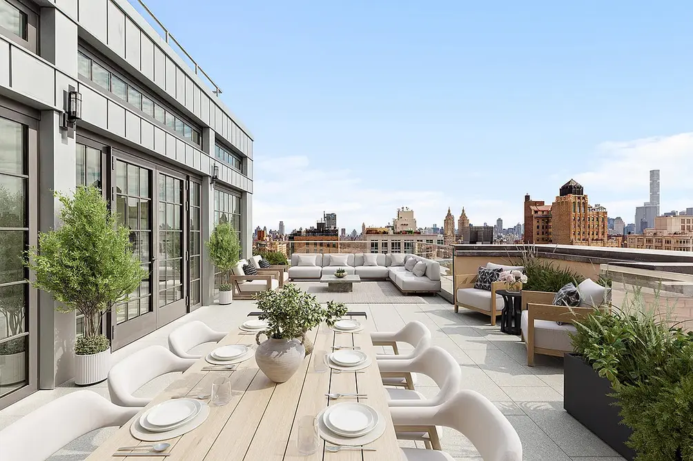 Private terrace with landscaping, seating, and Central Park West skyline views