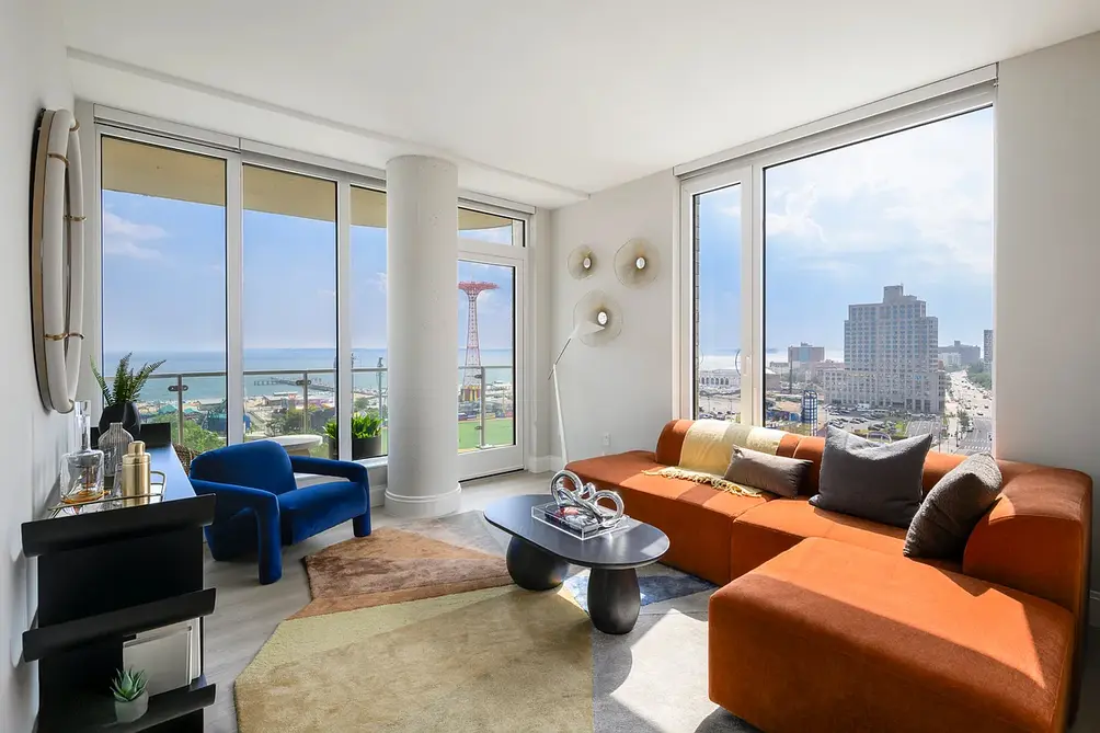 Corner living room facing Coney Island boardwalk