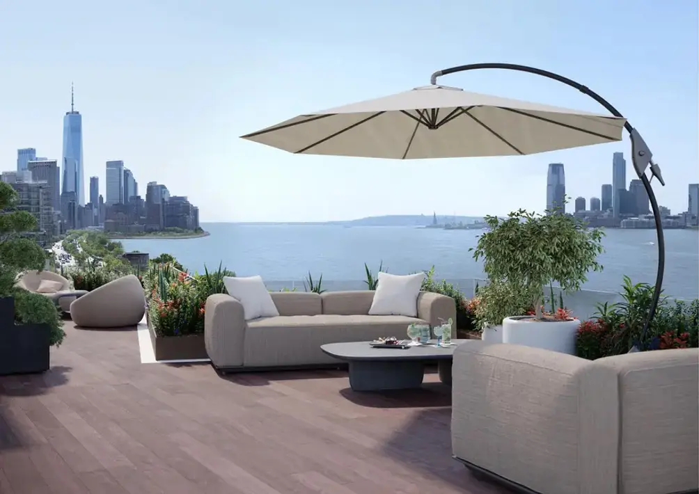 Roof deck with Hudson River and Lower Manhattan views