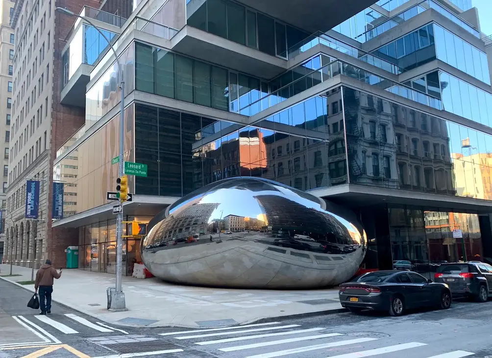 Mirrored bean sculpture outside 56 Leonard Street