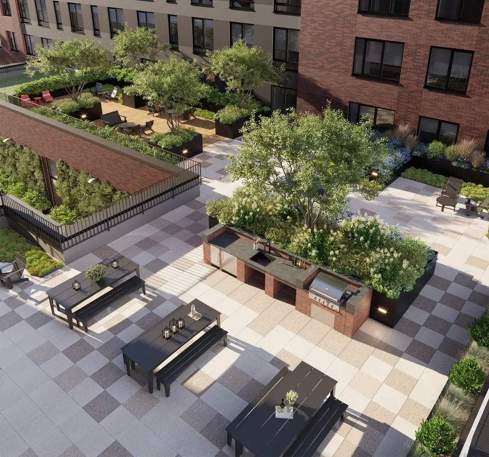 Aerial view of courtyard with outdoor kitchen