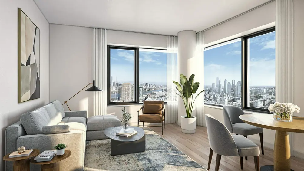 Corner living room with Manhattan views