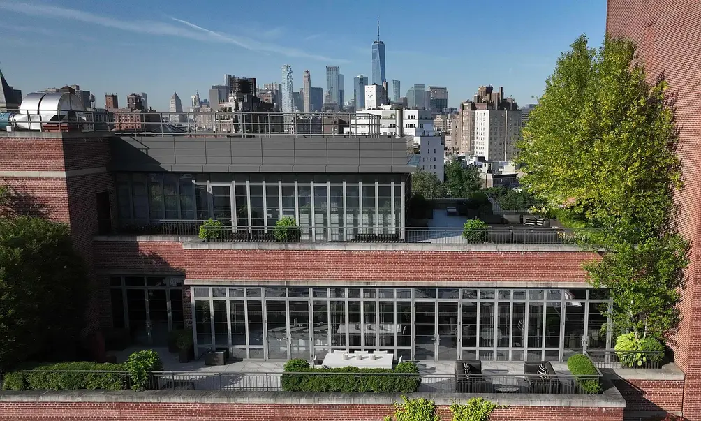 Private terrace at The Greenwich Lane penthouse with Lower Manhattan skyline in background