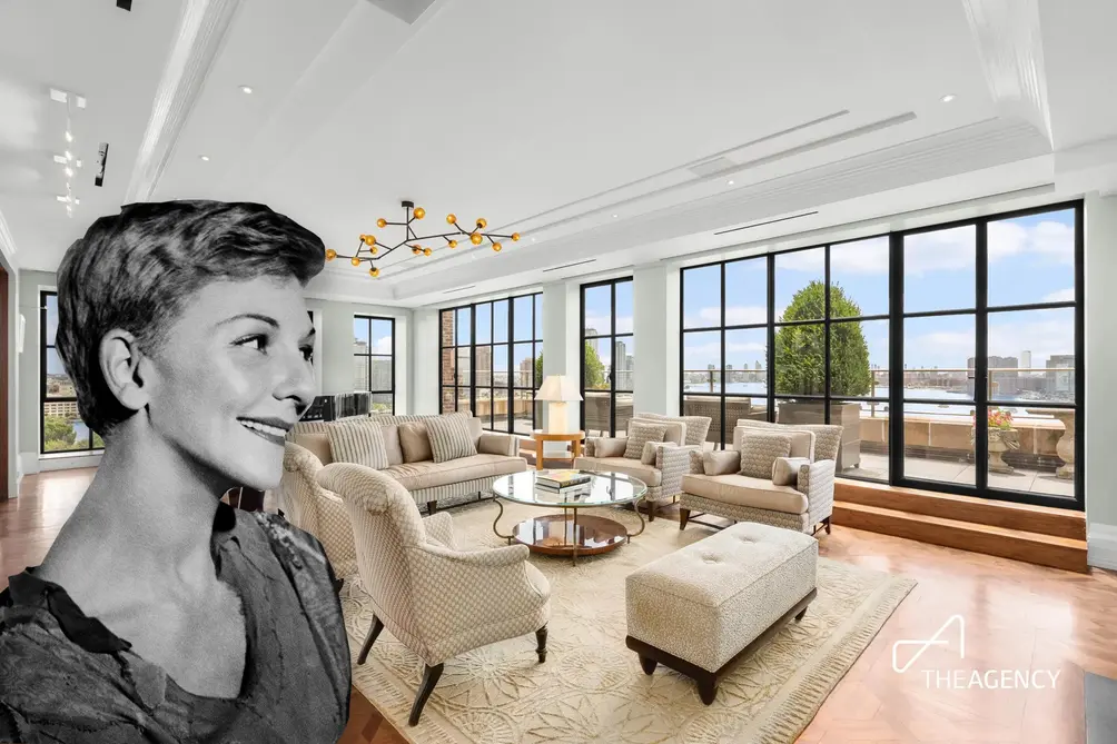 Penthouse living room with East River views