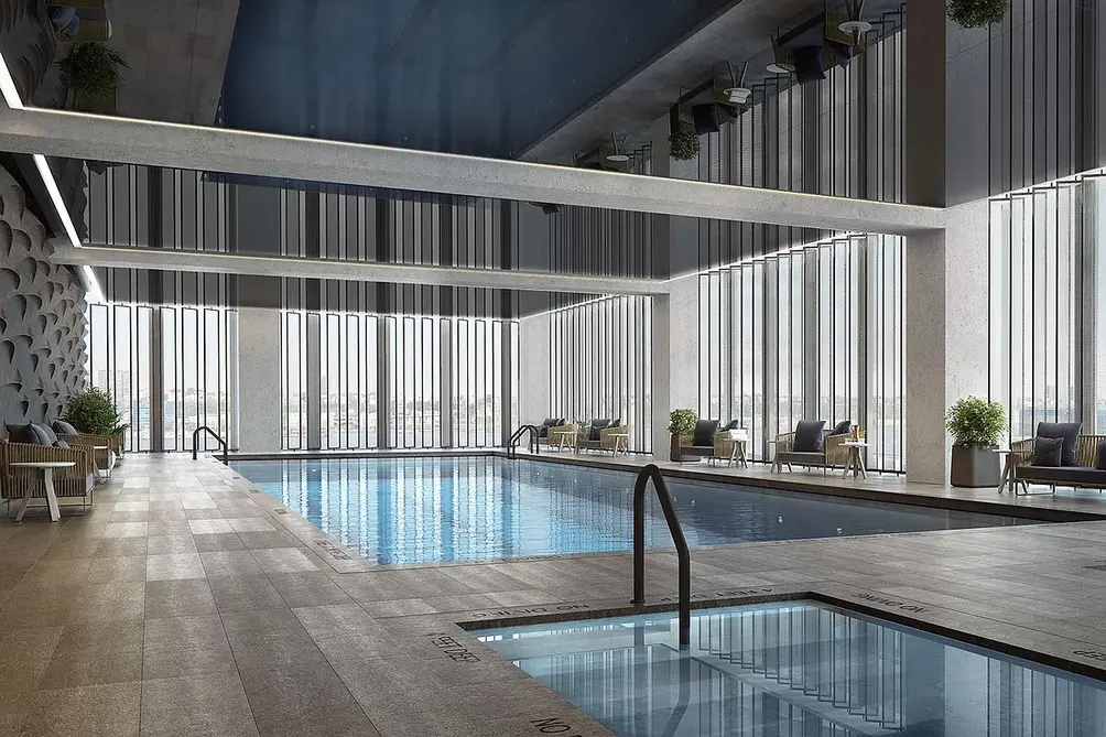 Indoor pool with Hudson River views