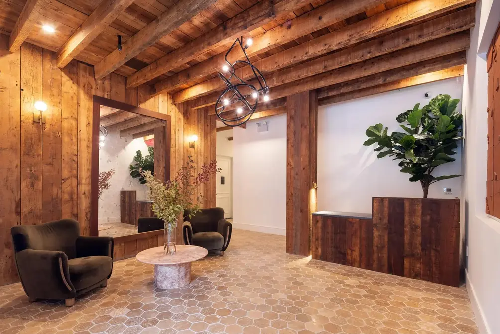 Attended lobby with exposed beams