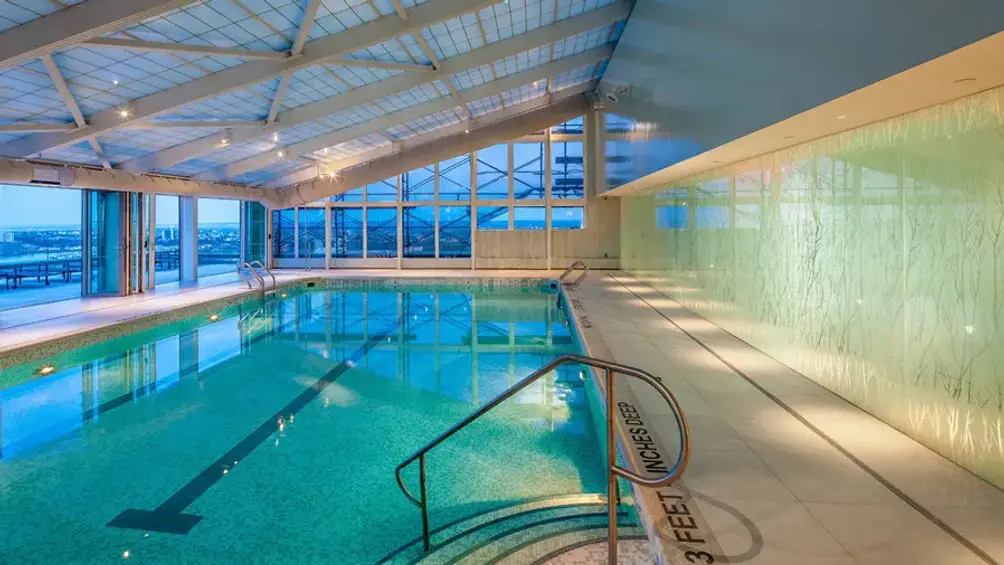 Indoor pool with river views