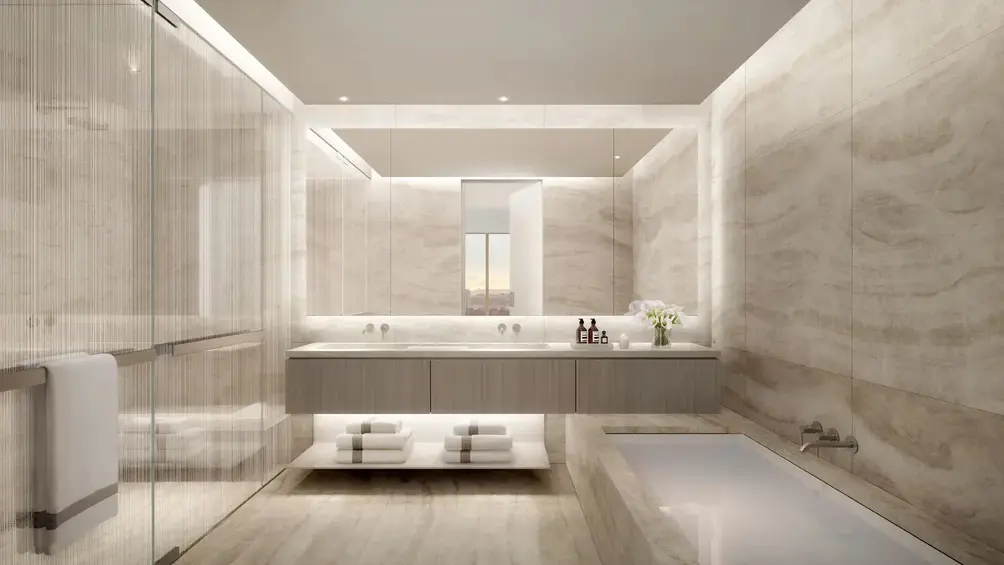 Marble-clad primary bath