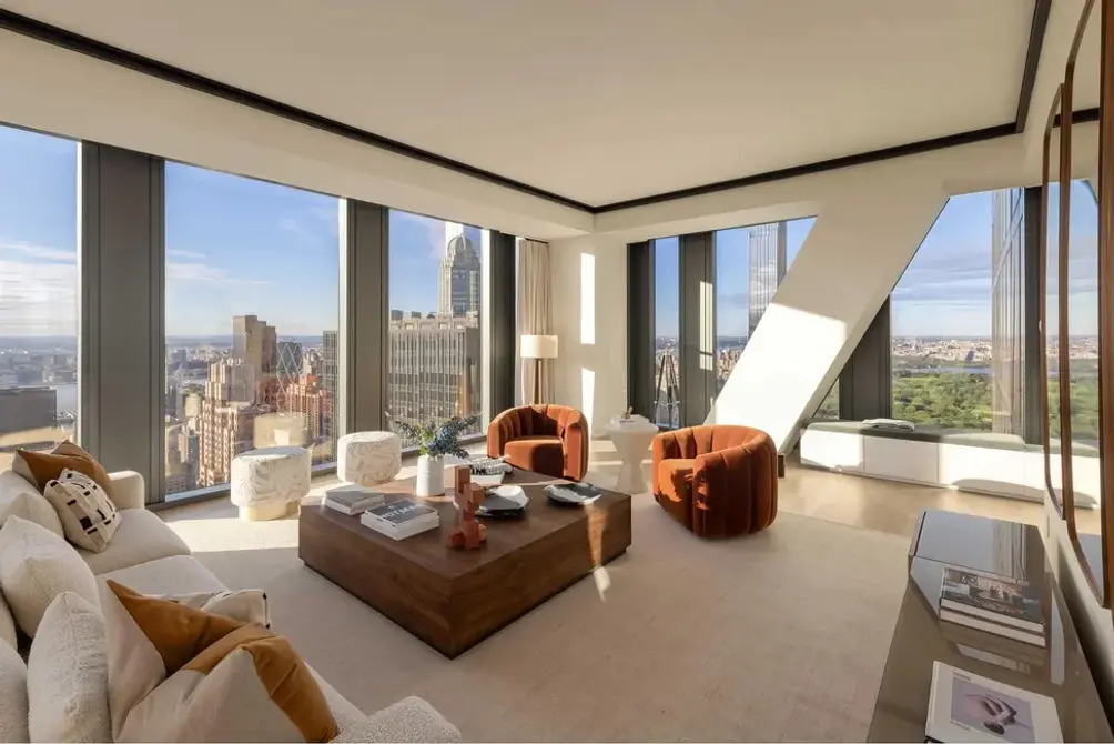 Corner living room with Billionaires' Row and Central Park views