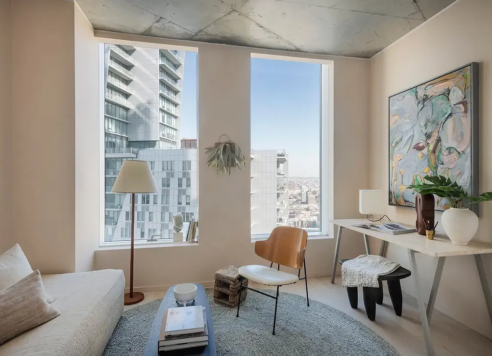 Living room with exposed concrete ceiling