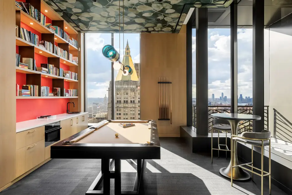 Game room with city views