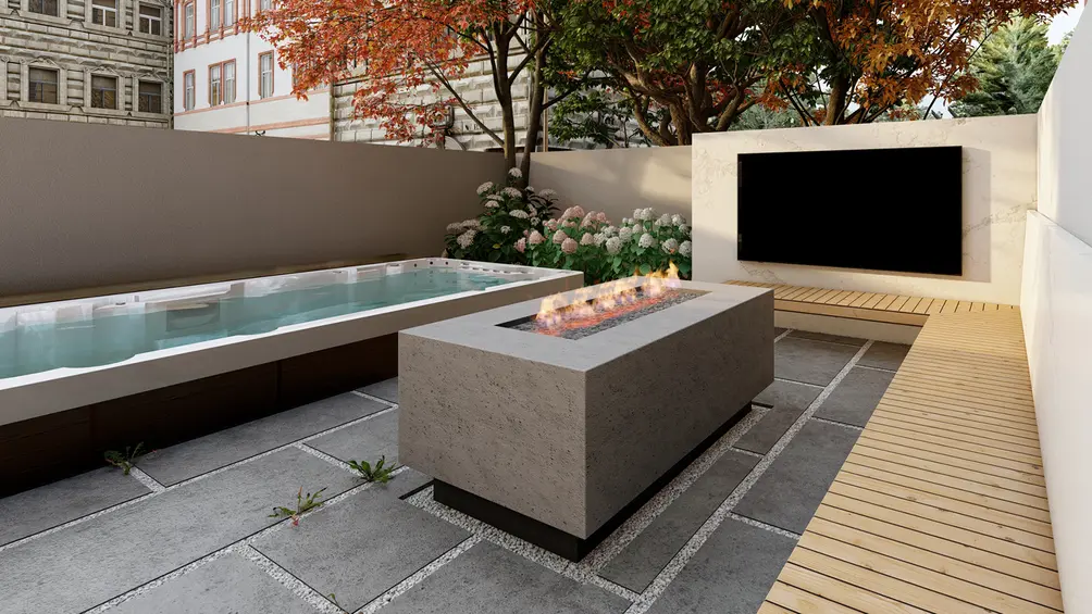 Outdoor pool, outdoor television, and fire table
