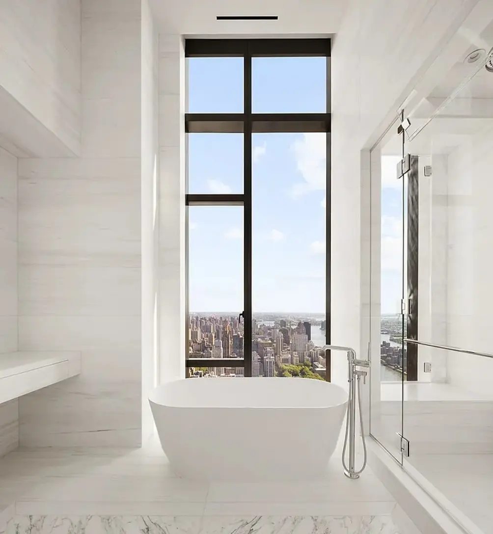 Chef's kitchen with floor-to-ceiling windows