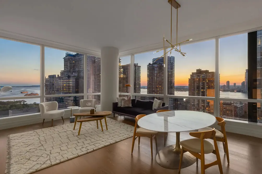 Corner living room with Hudson River views