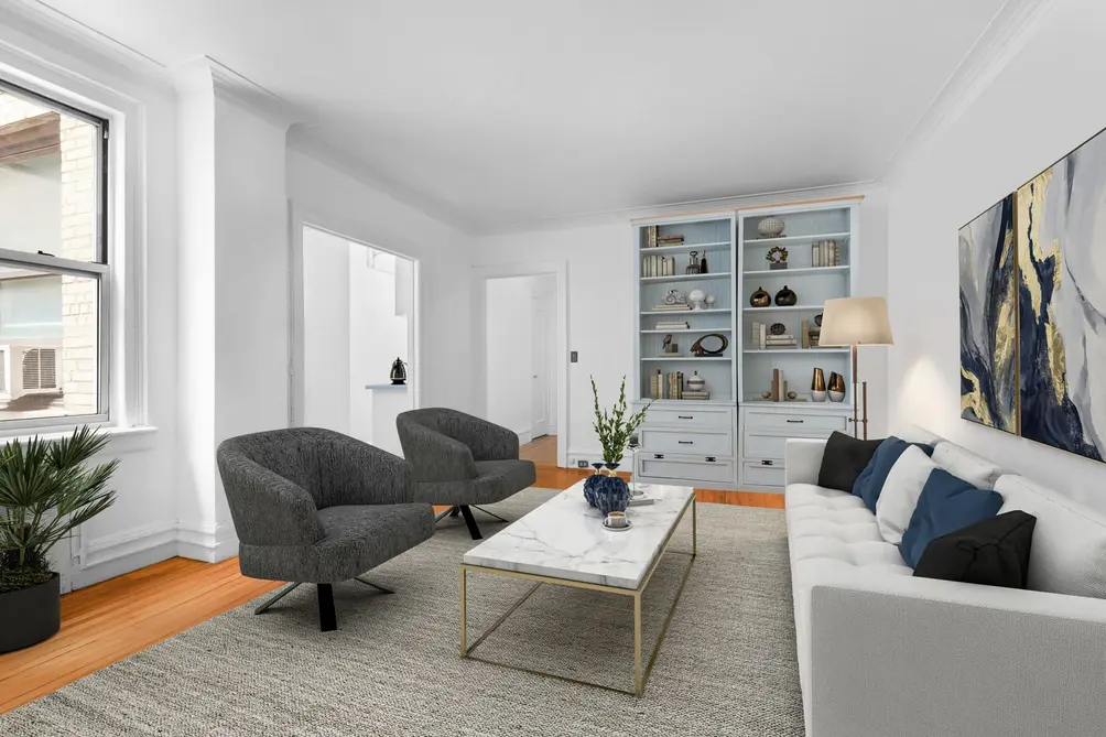 Living room with built-in bookshelves