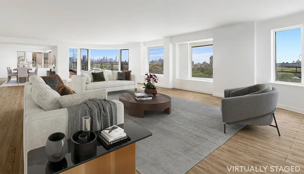 Great Room with curved windows and Central Park views