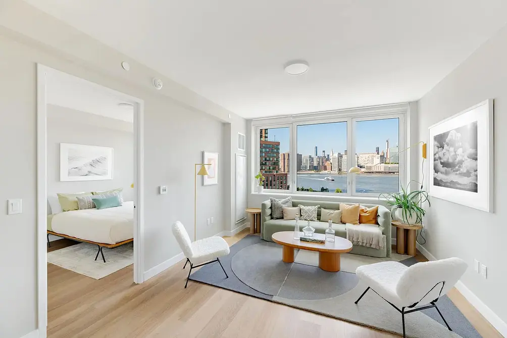 Living room with East River views