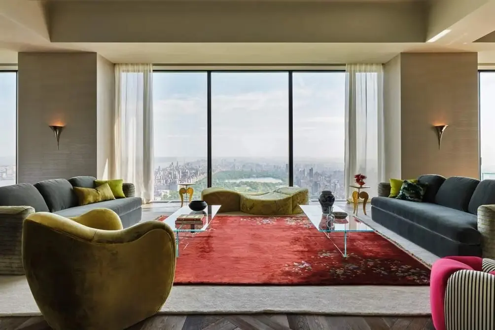 Model unit living room overlooking Manhattan