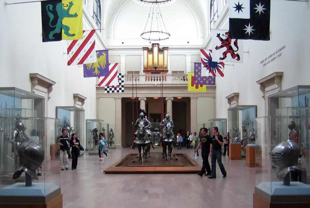 Armor Hall with heraldic flags at the Metropolitan Museum of Art  