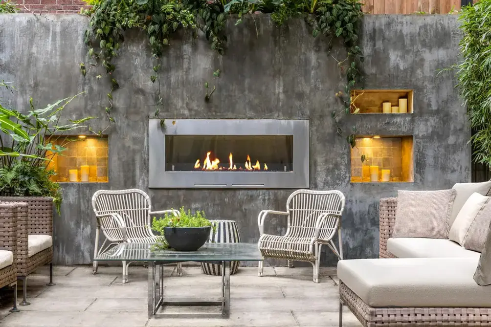Private garden with outdoor fireplace