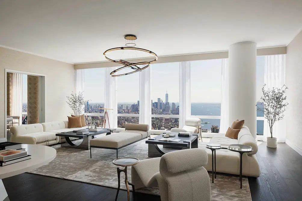 Living room with river and Lower Manhattan views