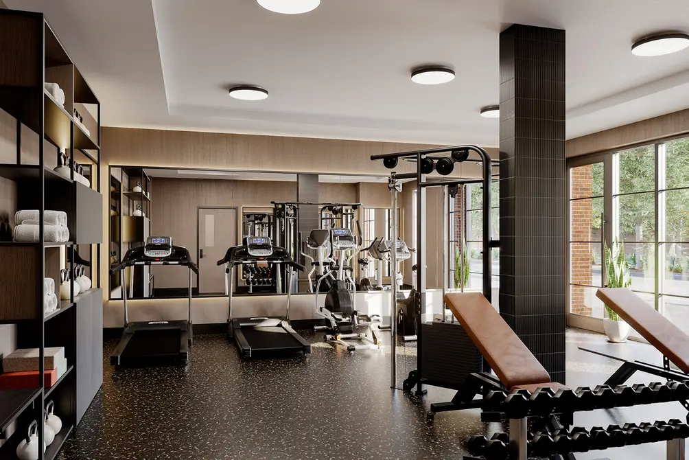 Fitness center with floor-to-ceiling windows
