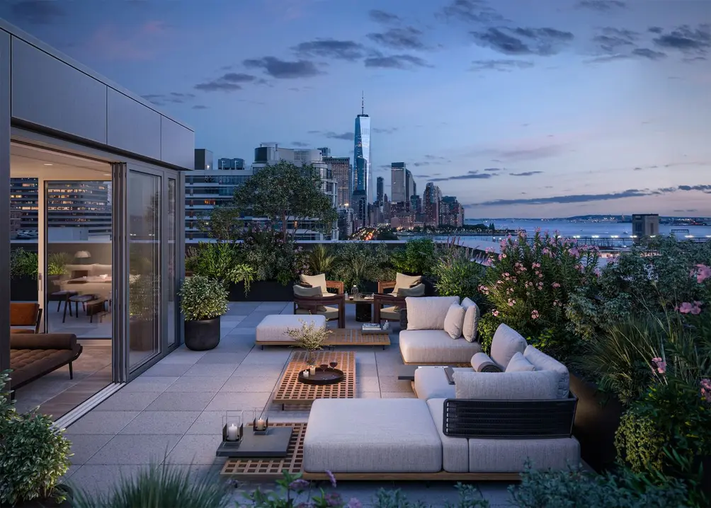 Private terrace with Hudson River and Lower Manhattan views