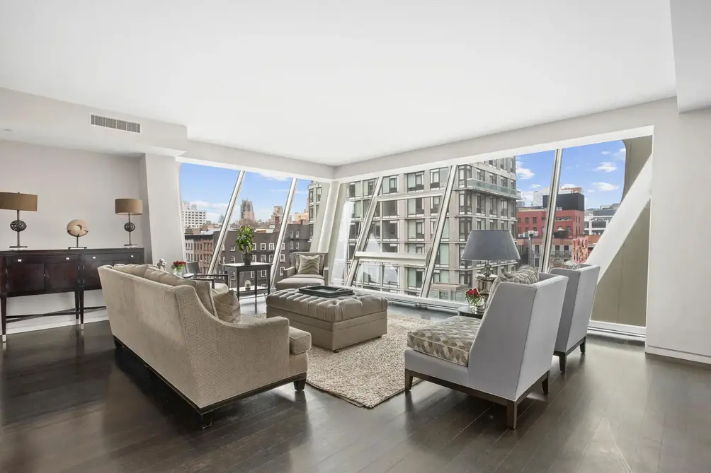 Living room with floor-to-ceiling windows and High Line views