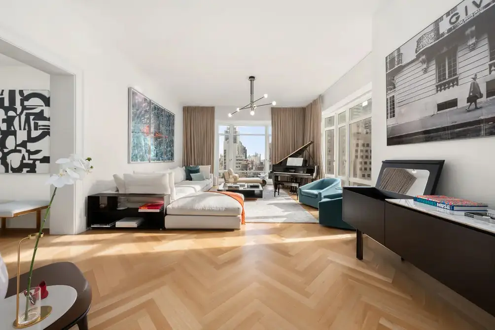 Living room with herringbone floor