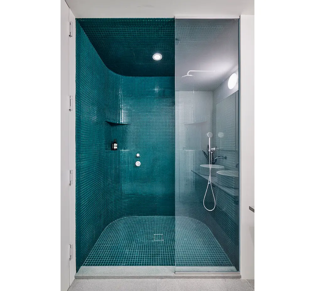 Primary bath with mosaic-tiled shower stall