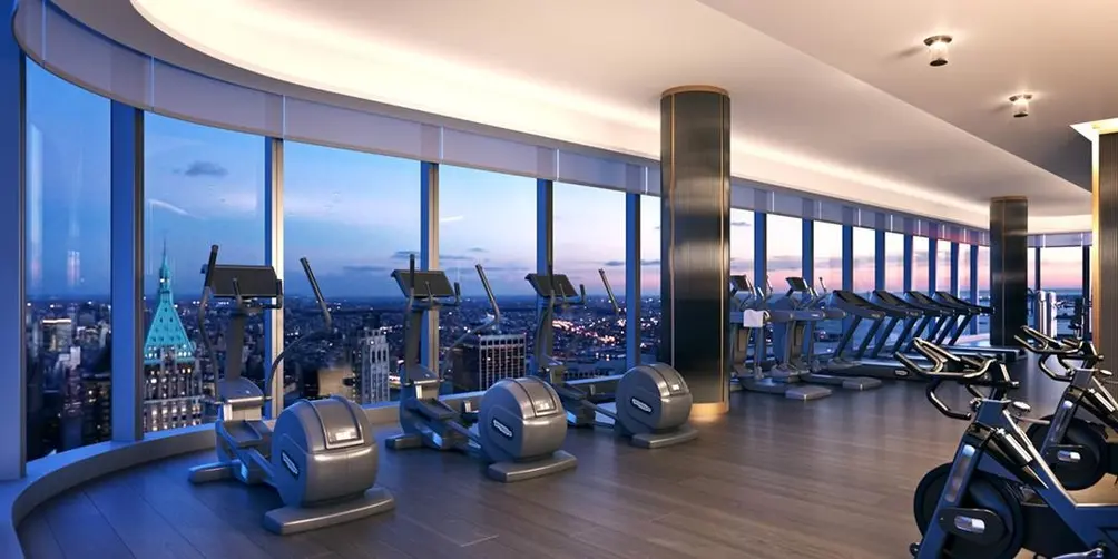 Fitness center with Lower Manhattan views