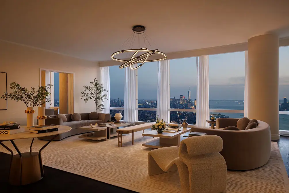 Great Room overlooking the Hudson River and Lower Manhattan skyline