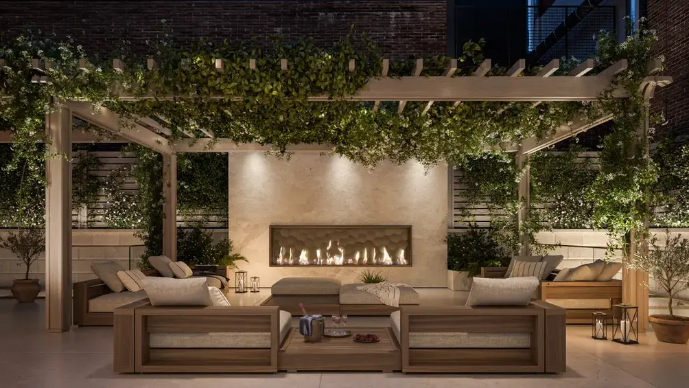 Terrace with outdoor fireplace