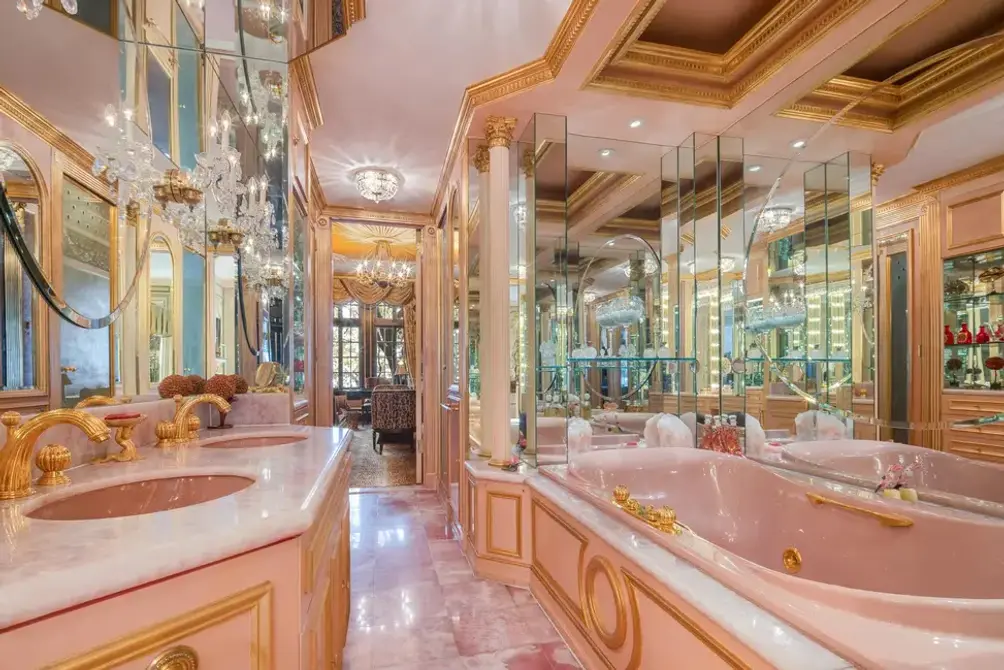 Primary bath with pink marble tub