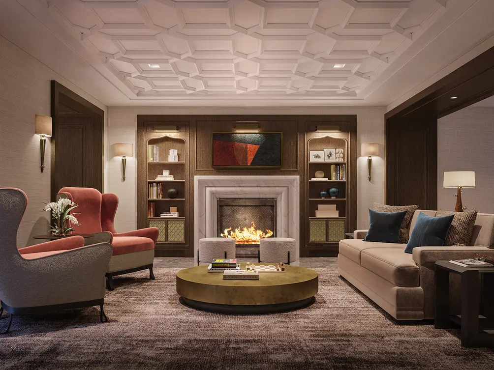 Lobby lounge with fireplace