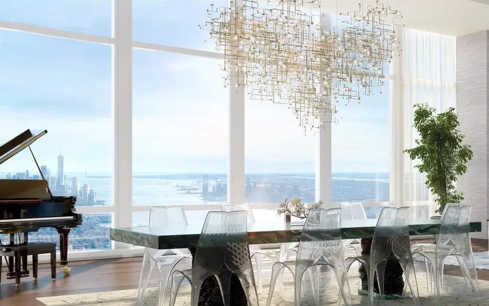 Dining room with grand piano and Hudson River views