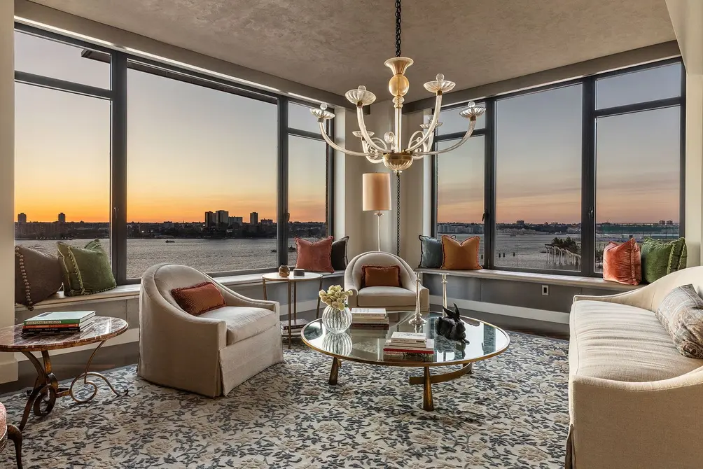 Corner living room with Hudson River views