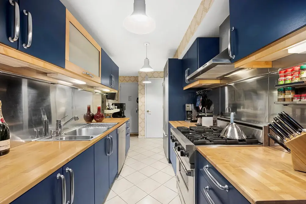 Kitchen with blue countertops