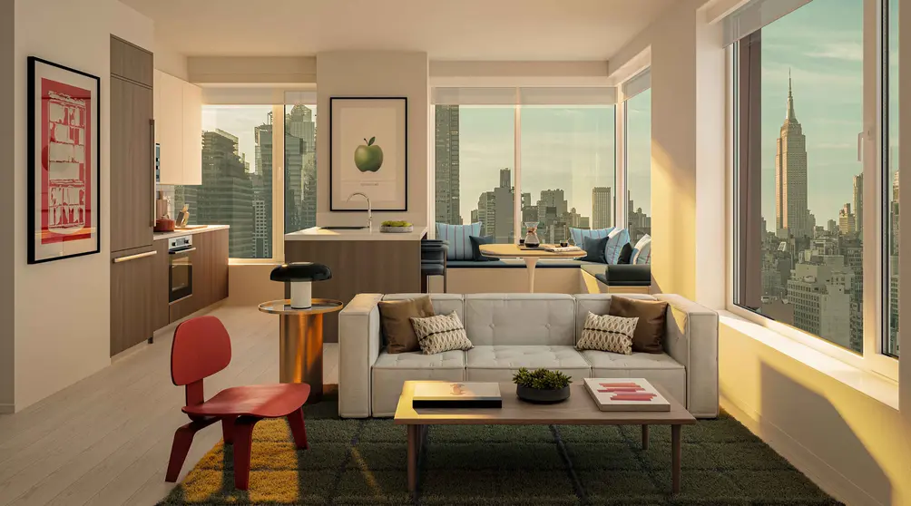 Corner living room with Empire State Building views