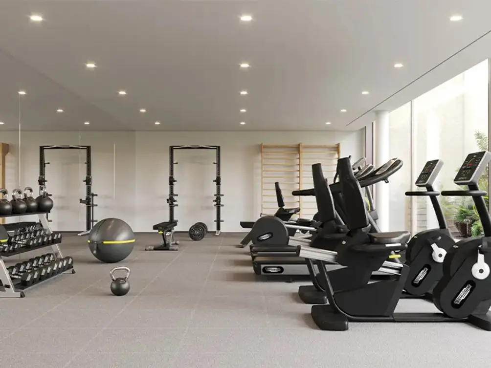 Fitness center with courtyard view