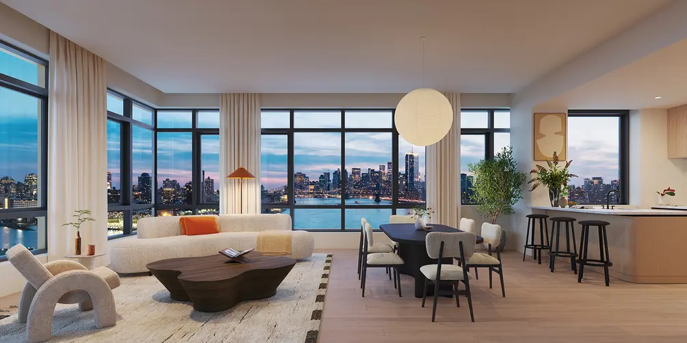 Corner living room with East River and Manhattan skyline views