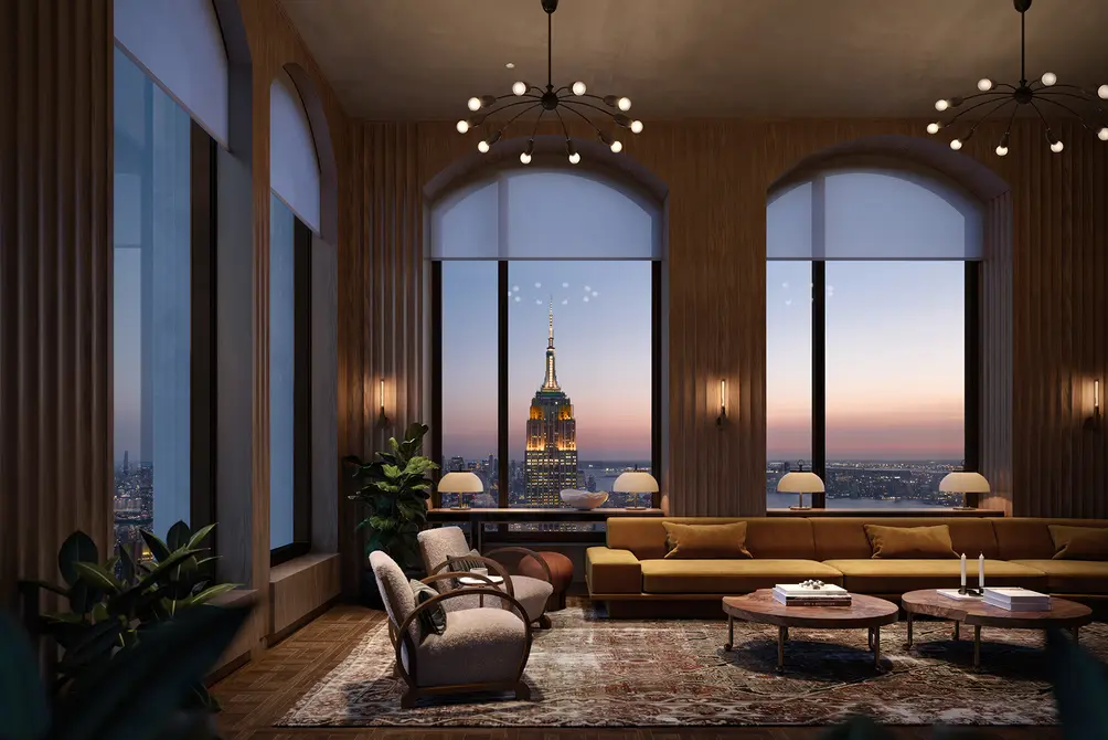 Lounge with arched windows and Empire State Building views