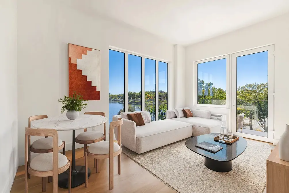 Corner living room with reservoir views