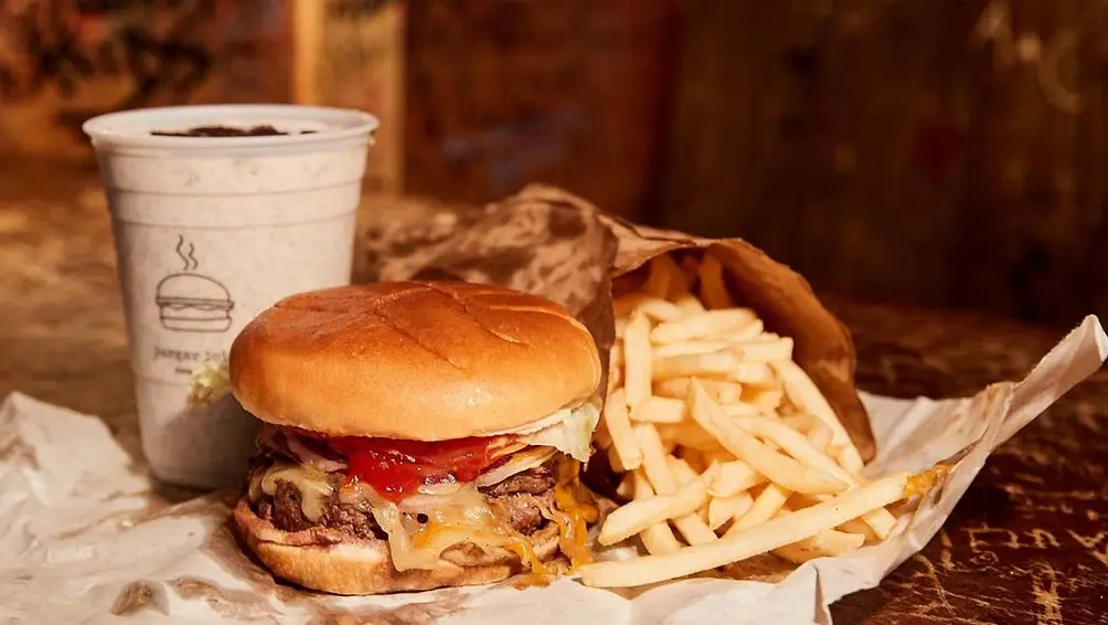 Burger Joint, burger with fries and shake