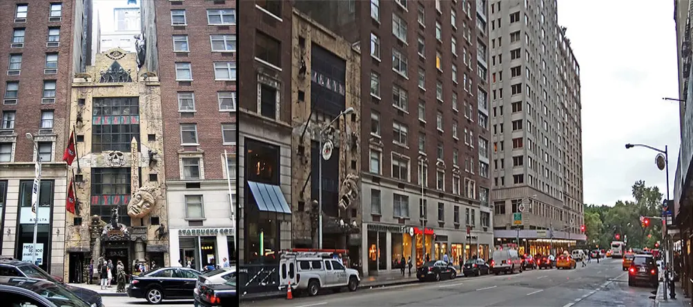 Jekyll & Hyde Club, Sixth Avenue between 57th & 58th Streets, with one of Sixth Avenue's last circular national enamel shields, representing Chile, on nearby lamppost.   There are three other plaques in this picture and one on the southwest corner at 57th Street 