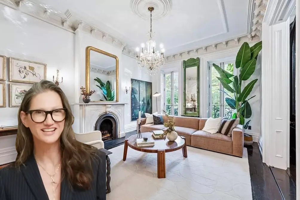 Jenna Lyons; living room with fireplace and crown molding