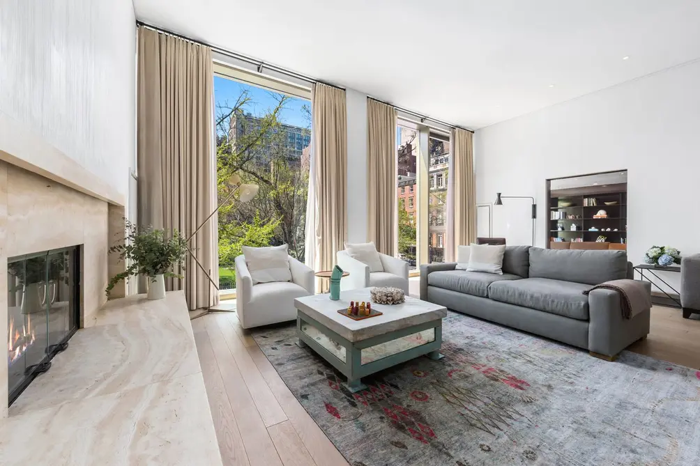 Living room with fireplace and Gramercy Park views